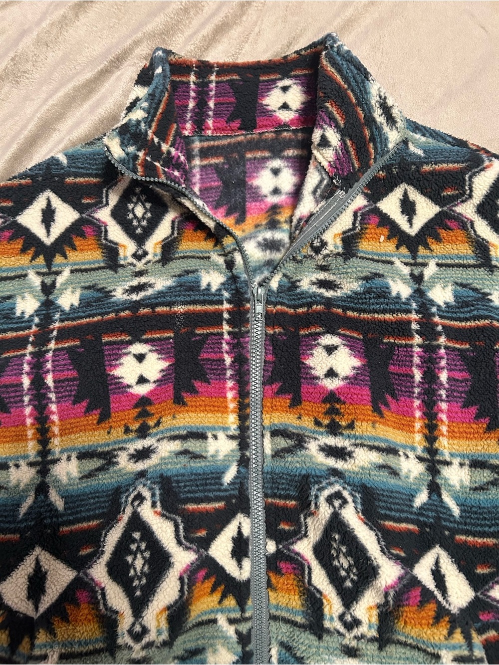 Colorful Aztec Print Zip-Up Fleece Jacket - Multicolor - Picture 3 of 7